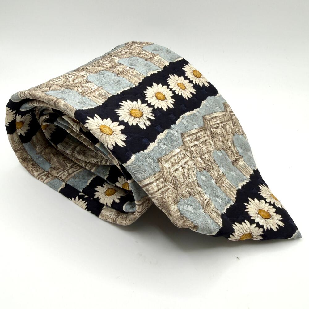 Vintage 90s Structure Blue Silk Architectural Column Daisy Necktie